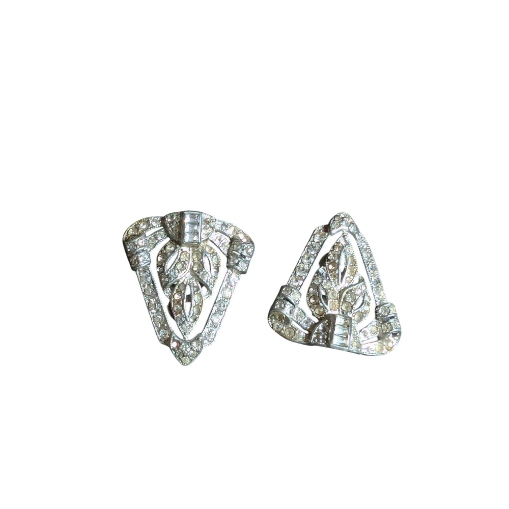 Vintage Art Deco Rhinestone Dress Clips Silver Tone Geometric Leaf Pair 1930s